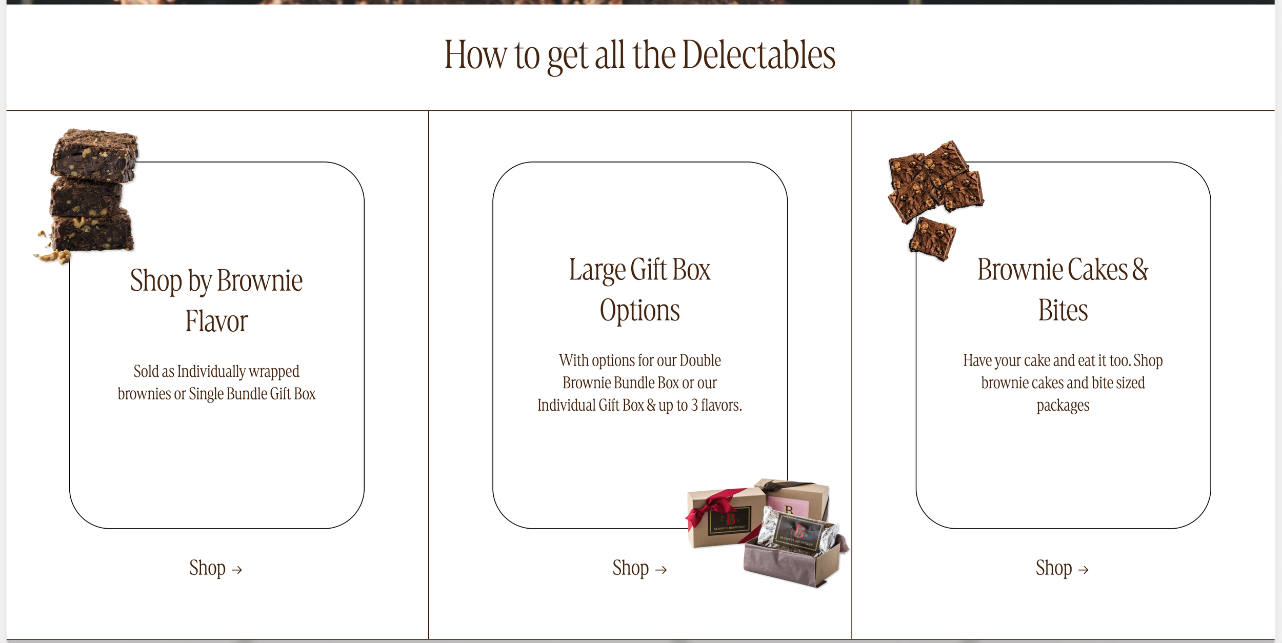 A webpage displaying three sections about brownie products. The first section shows three chocolate brownies, titled "Shop by Brownie Flavor" with description about individually wrapped or bundled gift boxes. The middle section has an image of gift b