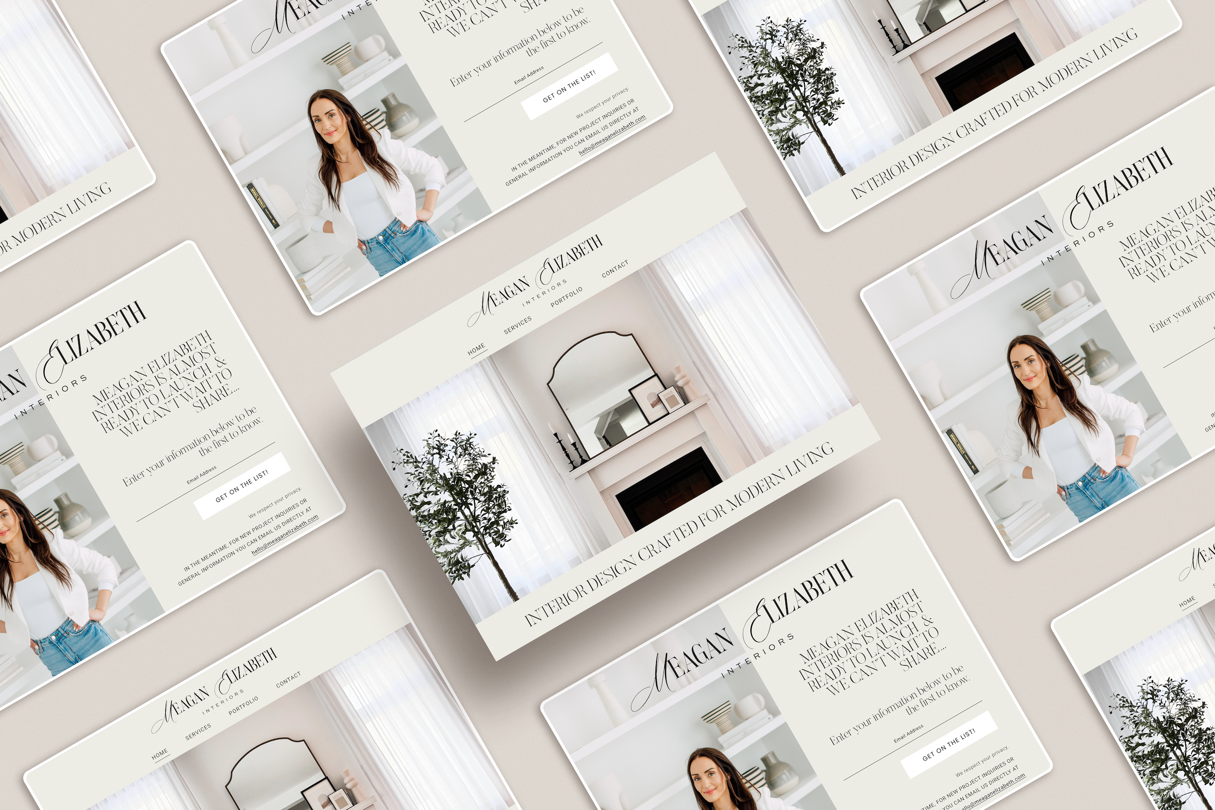 Multiple images of an interior design website for Megan Elizabeth Interiors, featuring a woman posing in a white jacket and jeans, a cozy living room with a fireplace and window with curtains, and close-up shots of home decor items and a website interface with text about launching a project.