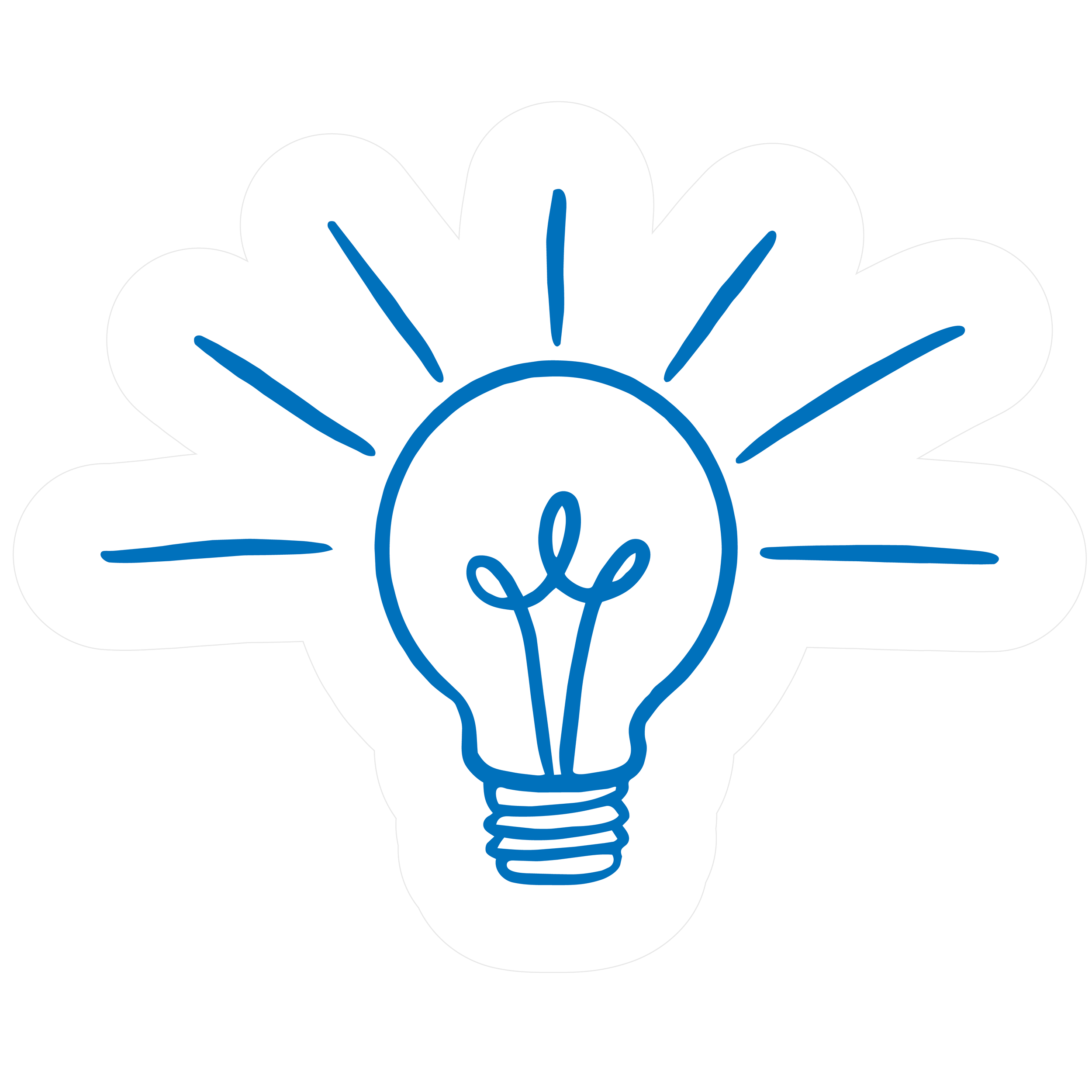 A stylized illustration of a lightbulb with a flower design inside, featuring white petals with blue lines on a black background.