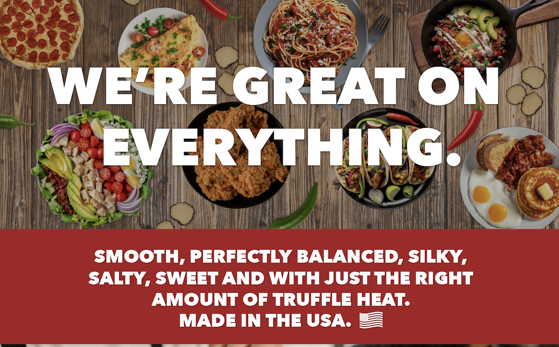 A variety of dishes on a wooden table including pizza, omelette, spaghetti, salad, fried chicken, zucchini noodles, and breakfast items, with text overlay promoting a food product.
