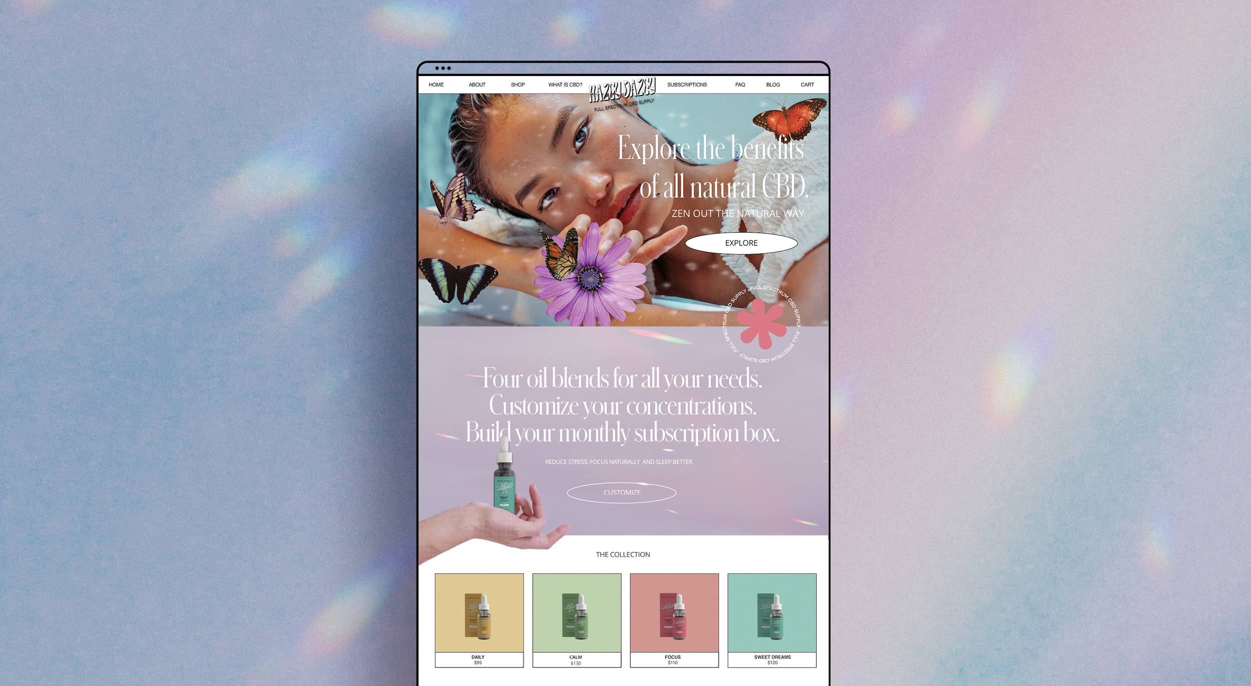 A website on a tablet screen showcasing CBD products with a background of a blue and purple gradient, featuring a woman with butterflies around her and flowers.