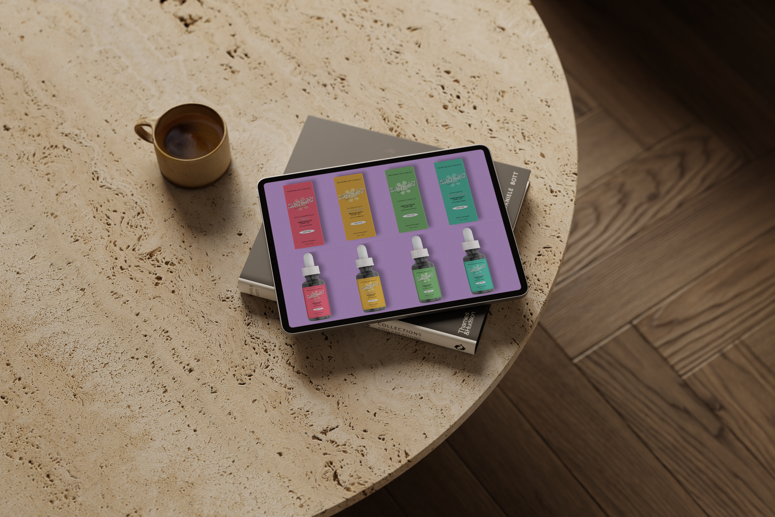 Tablet on a stack of books showing colorful product packages on a purple background, placed on a textured beige table next to a ceramic mug with coffee.