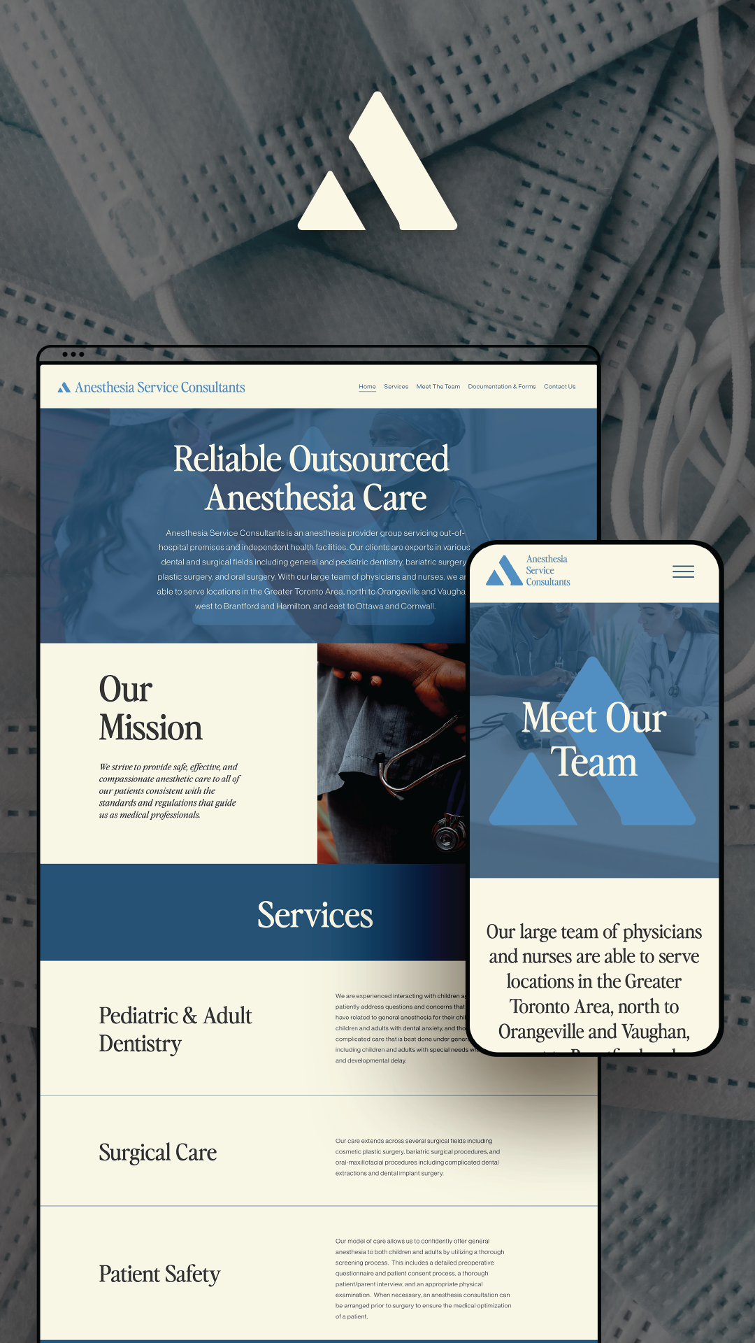 Website displayed on a computer and smartphone for a company called 'Anesthesia Service Consultants,' offering outsourced anesthesia care, with sections about their mission, services, meeting the team, and contact information, over a background of surgical masks.