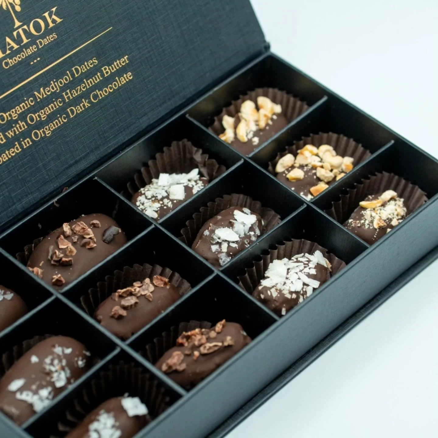 Top quality ingredients!
-
Organic medjool dates coated in Dark Chocolate filled with pure hazelnuts butter, delicious!