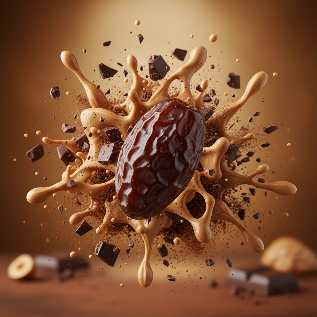 A large chocolate date surrounded by splashes of caramel, chocolate pieces, and powdered cocoa.