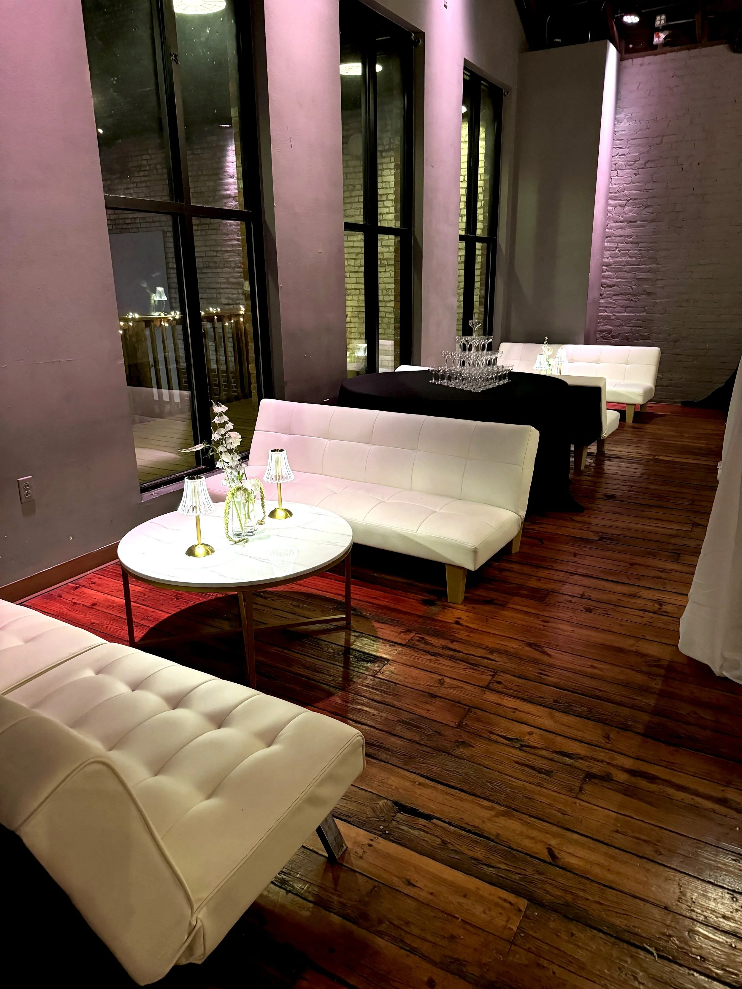 Lounge area for a wedding reception at Twenty Seven Event Venue in downtown Little Rock Arkansas.