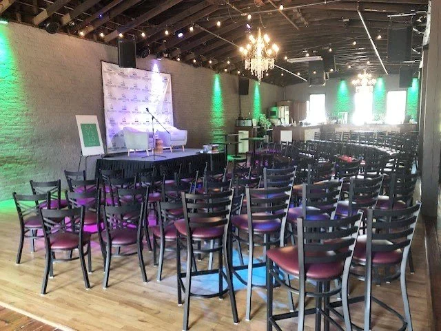 Conference style setup for a corporate event at Twenty Seven Event Venue in downtown Little Rock