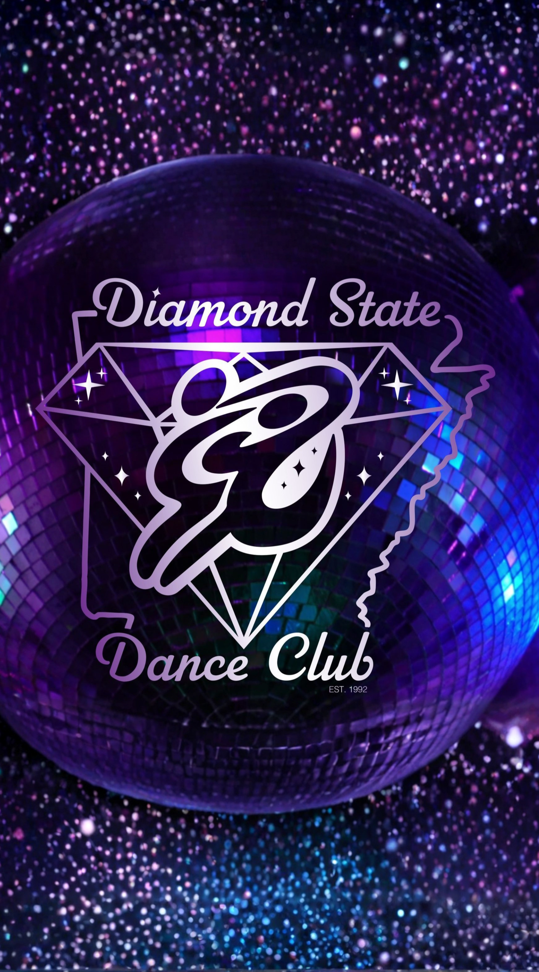 A disco ball with a logo of the Diamond State Dance Club, featuring a diamond shape surrounded by stars, a stylized dancer silhouette, and a profile of a woman's face, with a starry background.