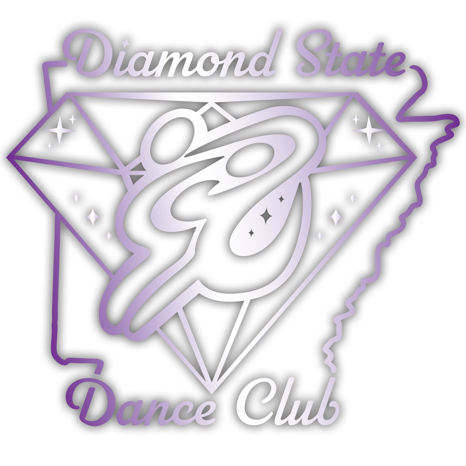 Neon-style graphic of an outline of Arkansas state with the words 'Diamond State' at the top and 'Dance Club' at the bottom, featuring a diamond shape, stars, and a stylized butterfly.
