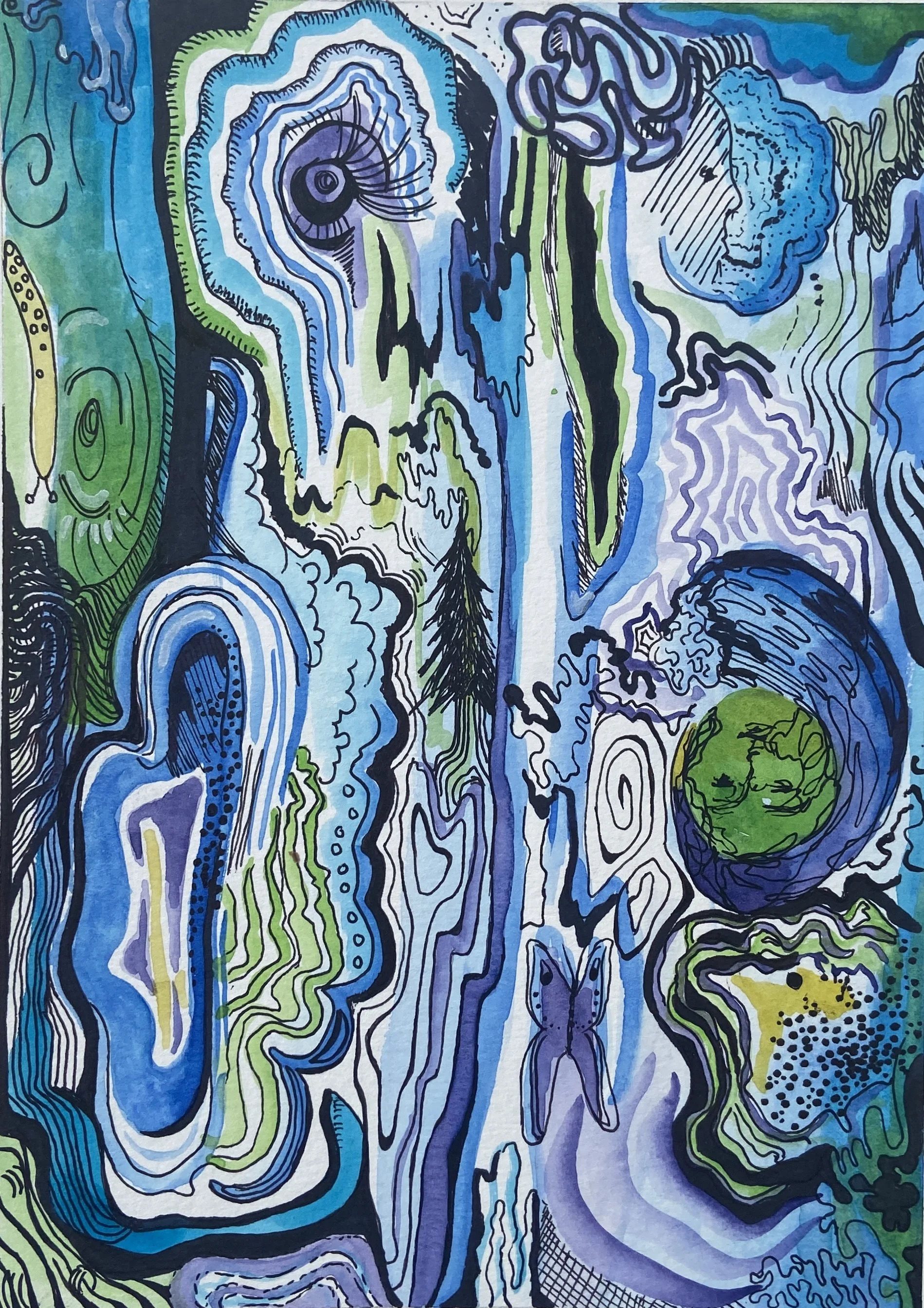 An abstract, colorful drawing with various shapes, lines, and patterns in blue, green, purple, and yellow. It includes elements resembling water, nature, and celestial objects.