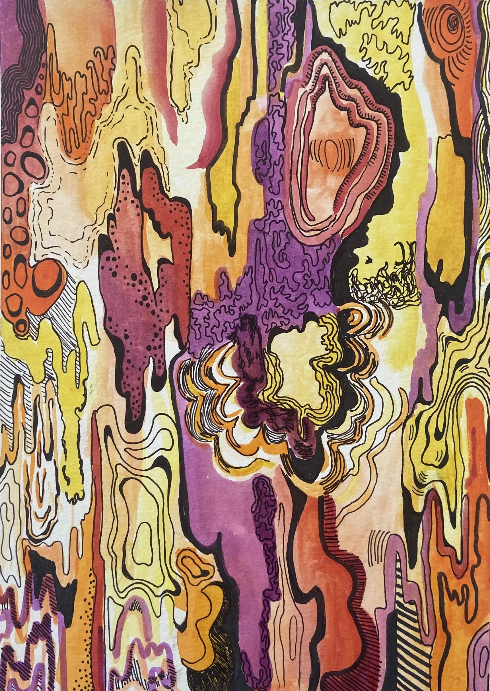 Abstract colorful artwork with swirling lines, organic shapes, and vibrant hues of purple, yellow, orange, red, and black.