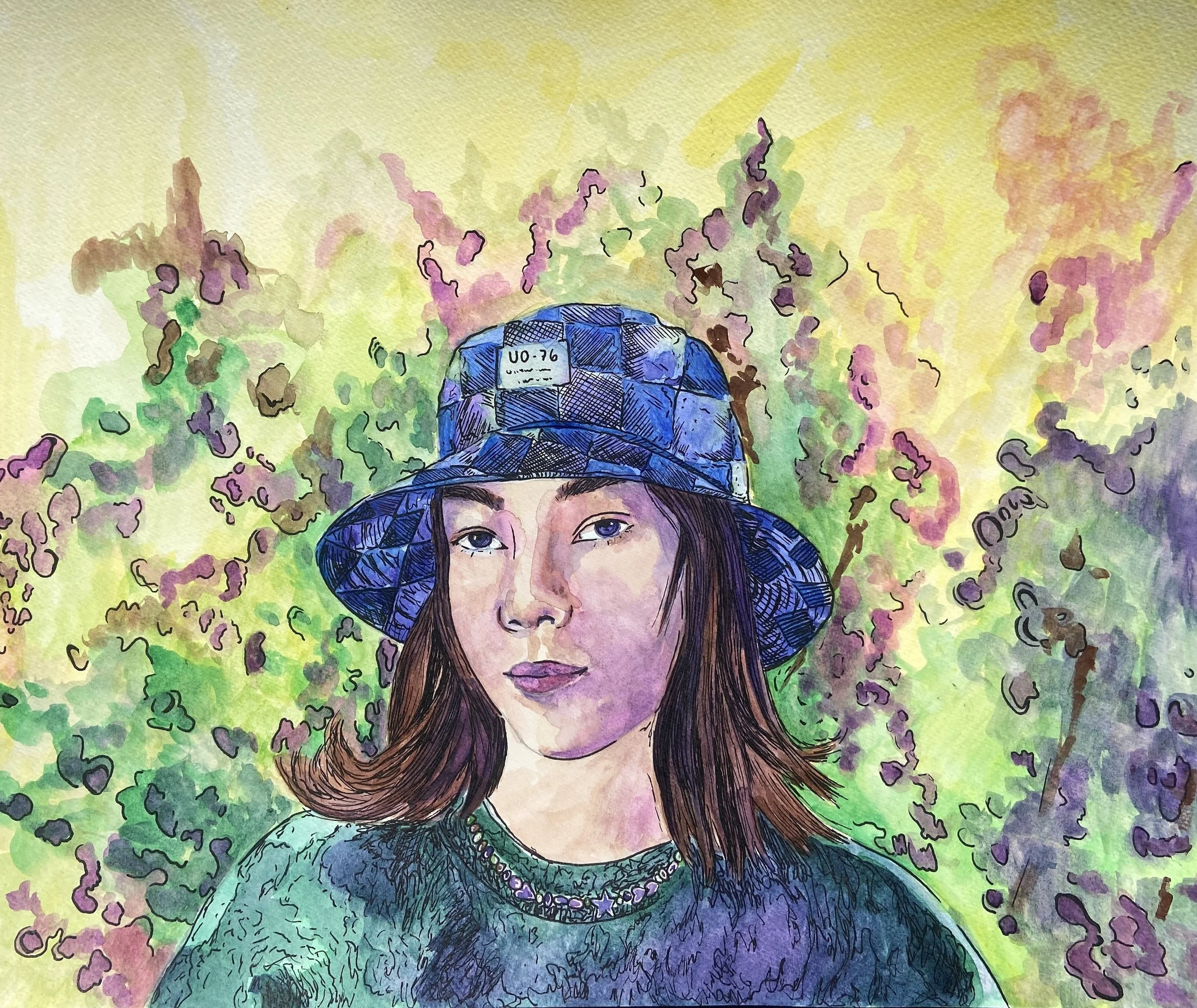 Watercolor-style portrait of a young woman wearing a blue patterned bucket hat and a beaded necklace, with a colorful, abstract background.