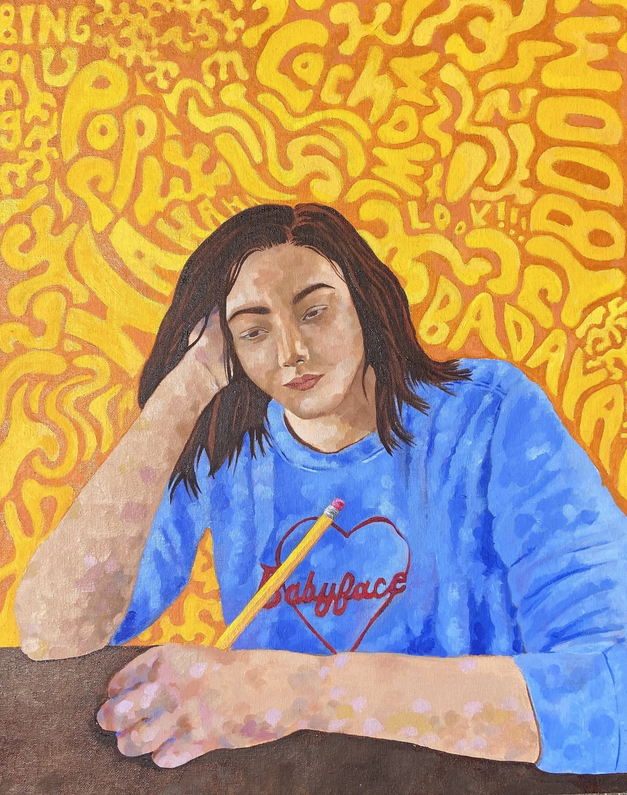 Painting of a woman with dark hair resting her head on her hand, seated at a table with a pen in her hand, wearing a blue sweatshirt with a heart and the word "babyface" on it, in front of a bright yellow and orange abstract background with words and doodles.