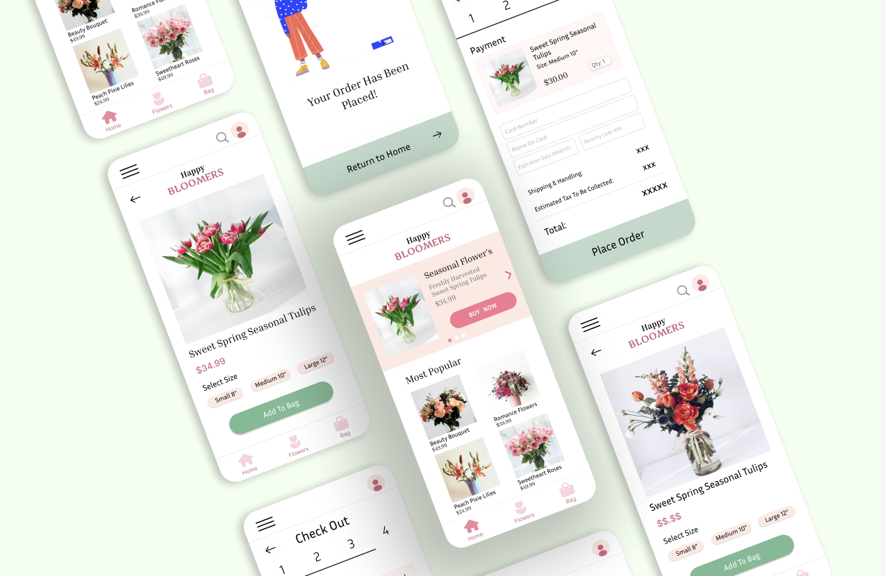 Screenshots of a flower shop mobile app showing various flower arrangements, a shopping cart, checkout process, and order confirmation screen.