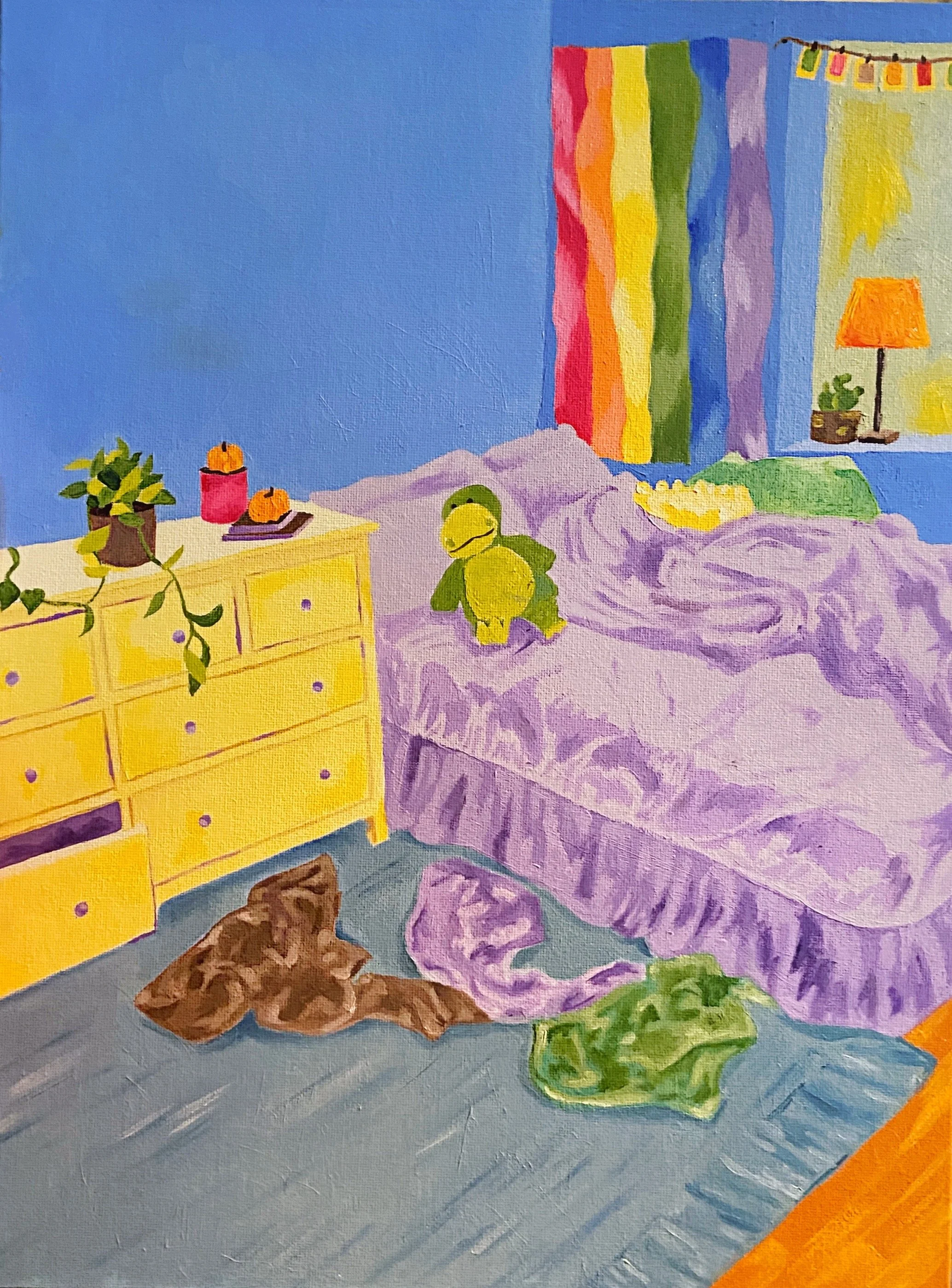 A colorful bedroom with a purple bed, yellow dresser, and rainbow striped curtains. There is a plush turtle on the bed, a green plush toy on the floor, and some crumpled clothes. The room has a blue wall, a small lamp, and plants on the dresser and wall shelf.