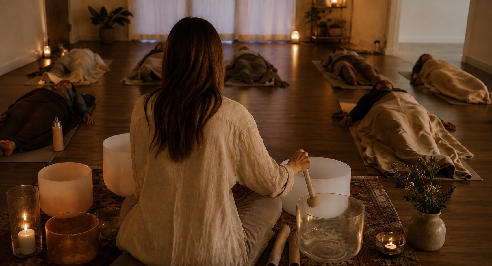 A woman sitting on a carpet in a dimly lit room with her back to the camera, surrounded by candles and singing bowls, conducting a meditation session with people lying down on yoga mats in the background.