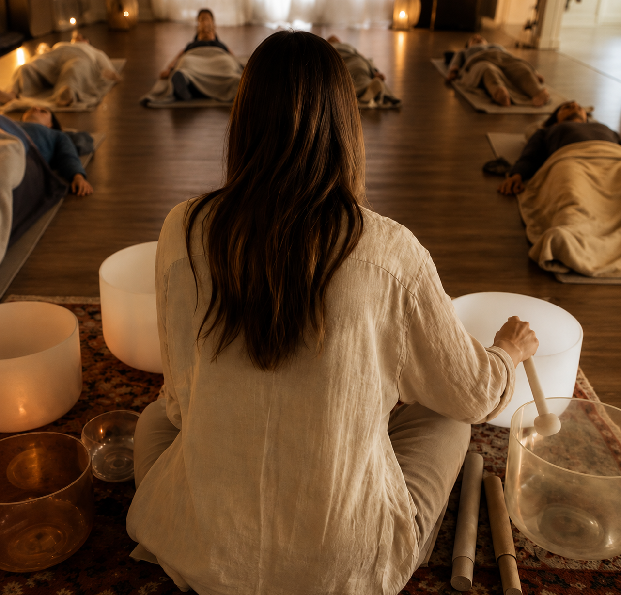 Amanda Gandolfo facilitating a restorative sound meditation with crystal singing bowls for a group of participants.