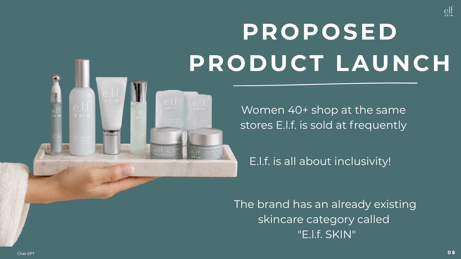 e.l.f. Skin proposed product launch slide featuring skincare products on a tray and messaging about inclusive skincare for women 40+