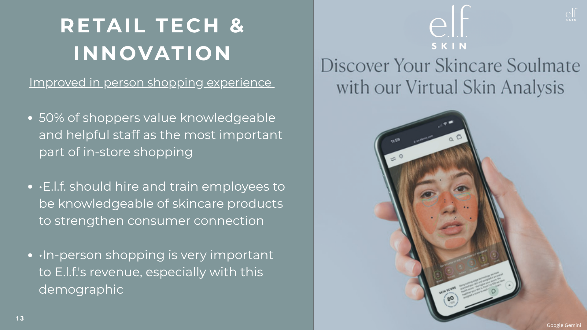 Presentation slide about retail technology and innovation, featuring e.l.f. Skin’s virtual skin analysis app on a smartphone and recommendations for improving in-person shopping.
