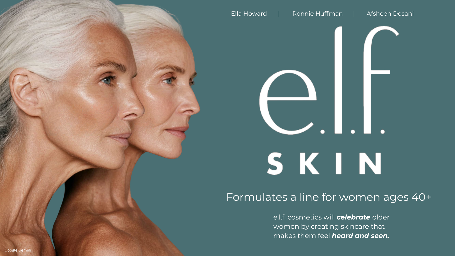 e.l.f. Skin campaign graphic featuring two older women in profile and text about skincare for women ages 40 and older
