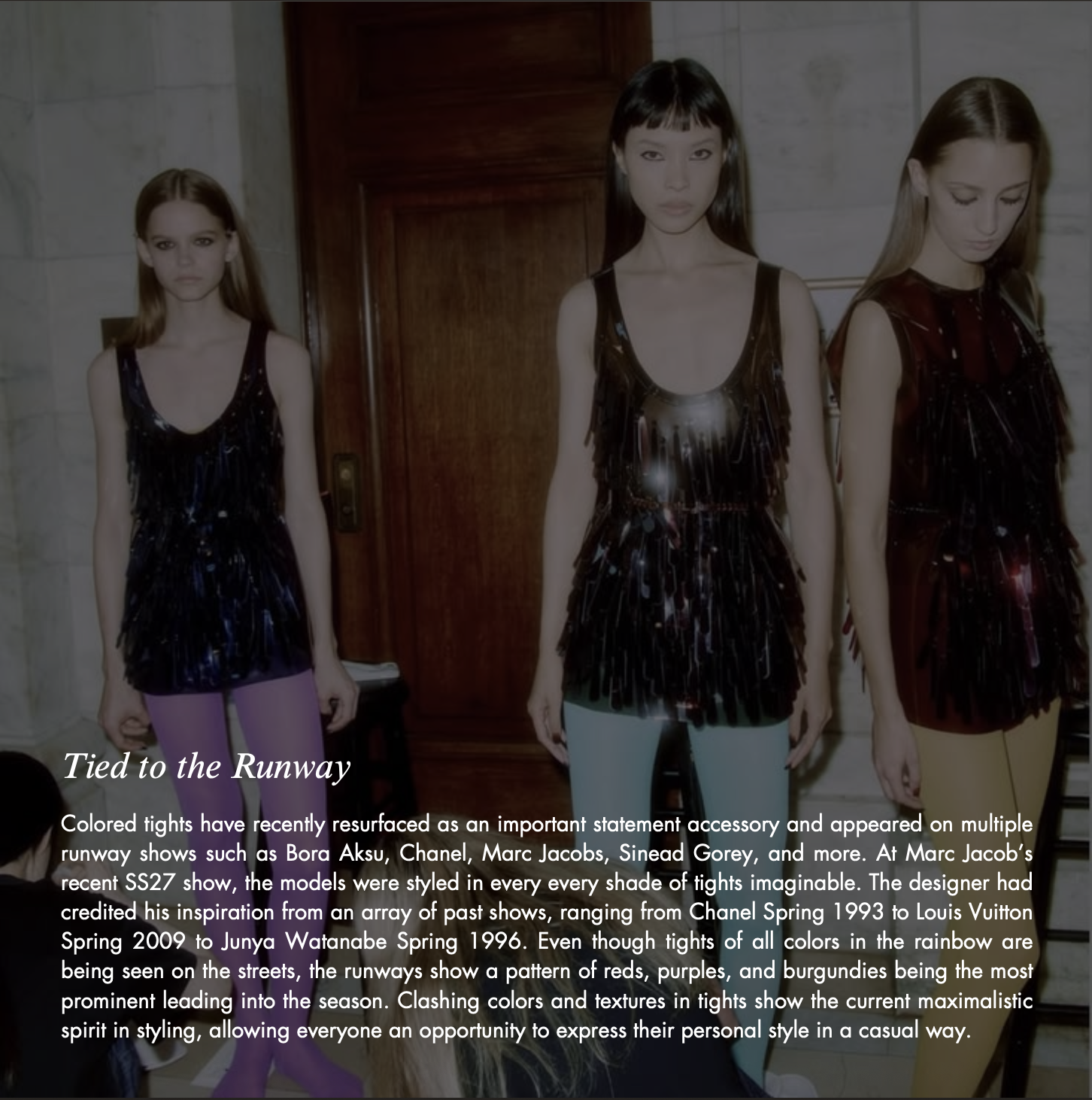 Three fashion models wearing shimmering fringe mini dresses with colorful tights, illustrating a runway trend.