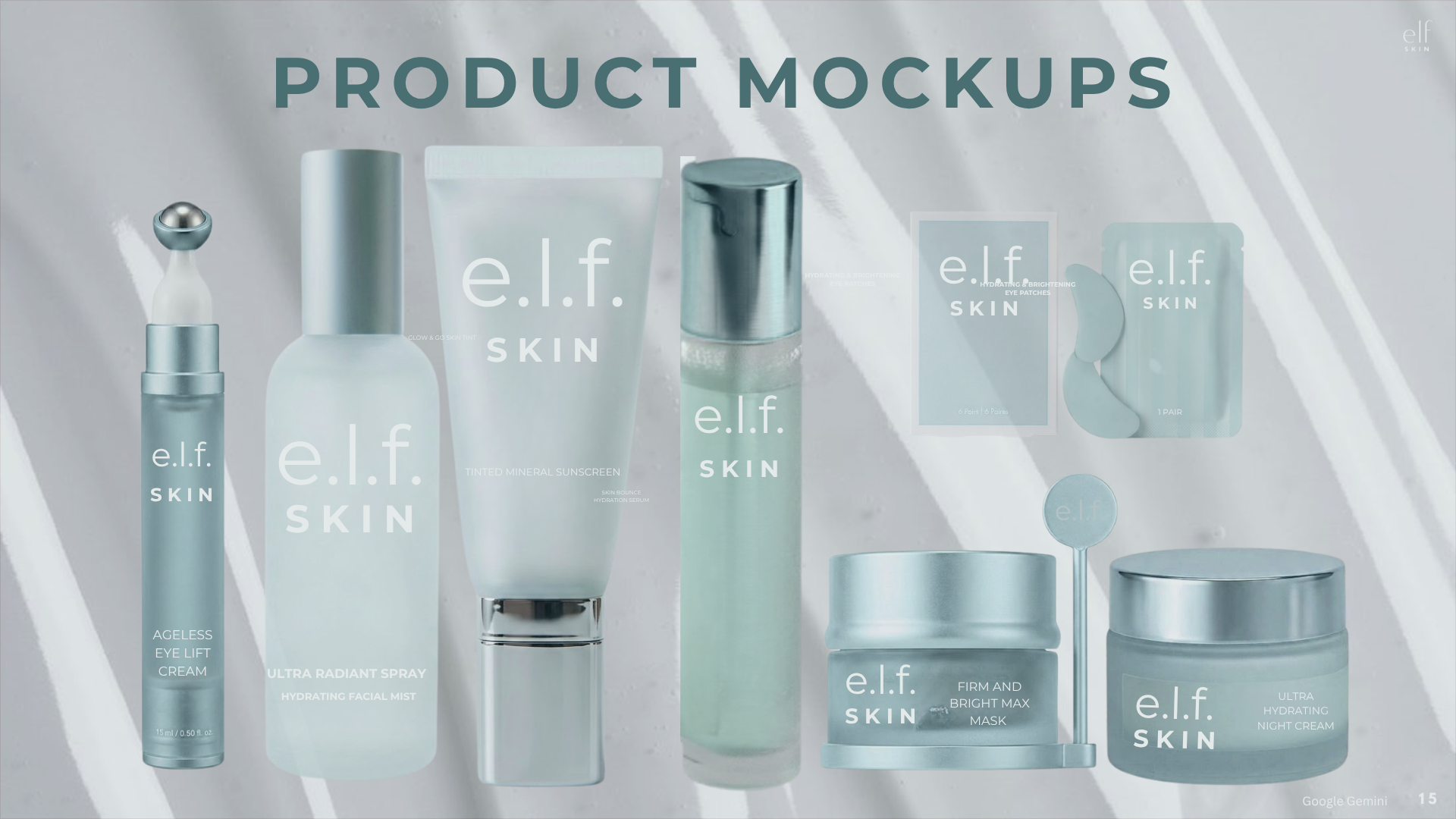 E.L.F. Skin skincare product mockup collection featuring eye cream, facial mist, sunscreen, serum, eye patches, face mask, and night cream
