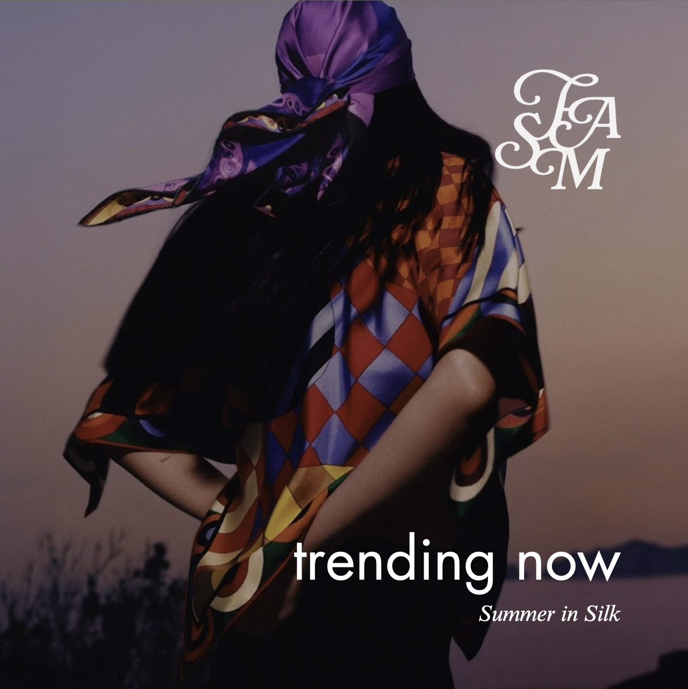 Fashion editorial photo of a model in a colorful patterned silk outfit and headscarf, with text reading “trending now” and “Summer in Silk.”