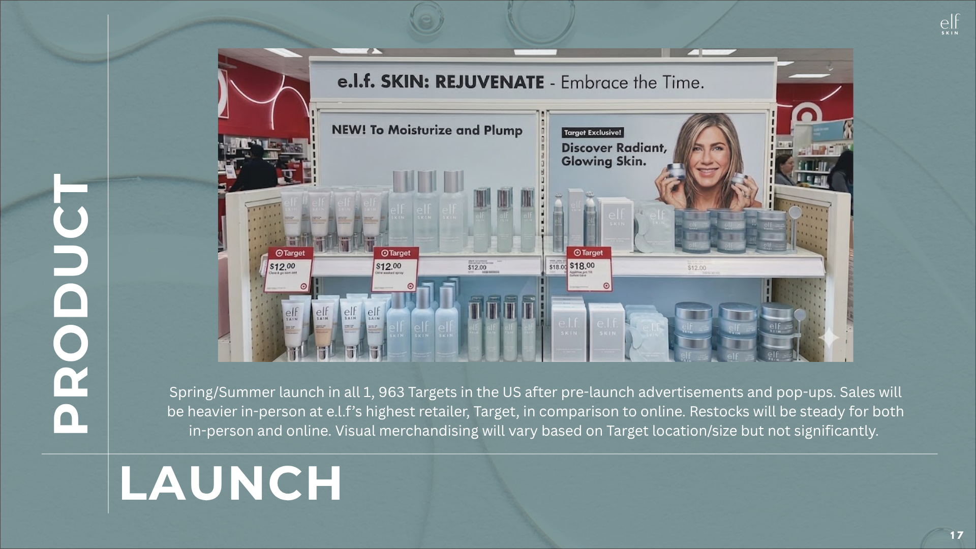 e.l.f. SKIN rejuvenating skincare display at Target featuring moisturizers, serums, and glowing skin promotional signage