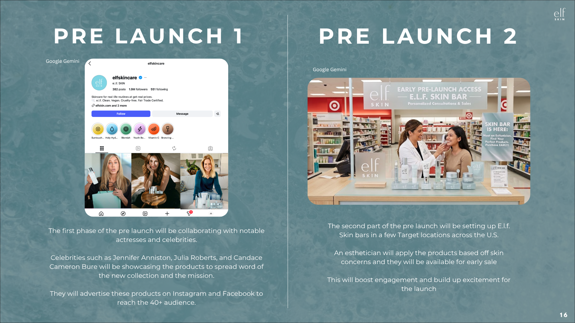 e.l.f. SKIN pre-launch strategy slide showing Instagram celebrity collaborations and Target skin bar events.
