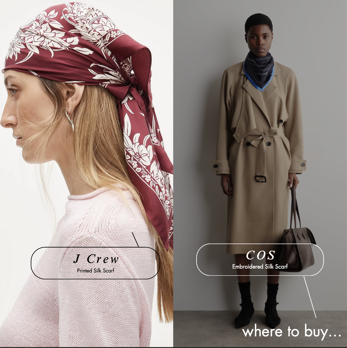 Comparison of J.Crew printed silk scarf and COS embroidered silk scarf styled on fashion models