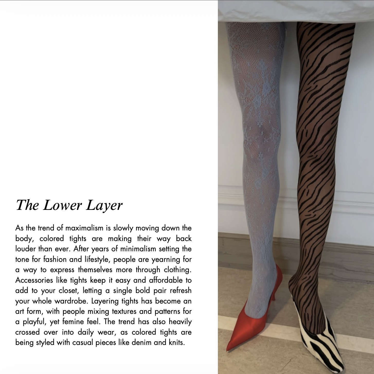 Fashion editorial showing lace-patterned white tights with red pointed heels and zebra-print tights with matching pointed heels beside text about colorful tights.