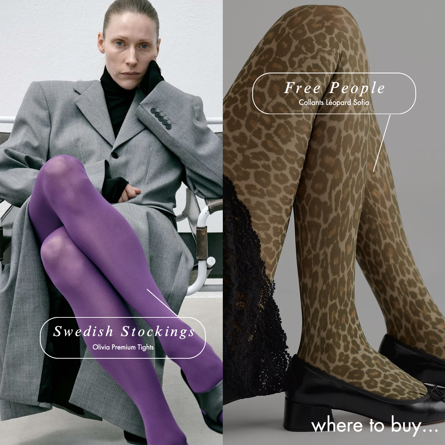 Fashion collage featuring purple Swedish Stockings Olivia Premium tights and leopard-print Free People Sofia tights worn with a gray suit and black platform shoes