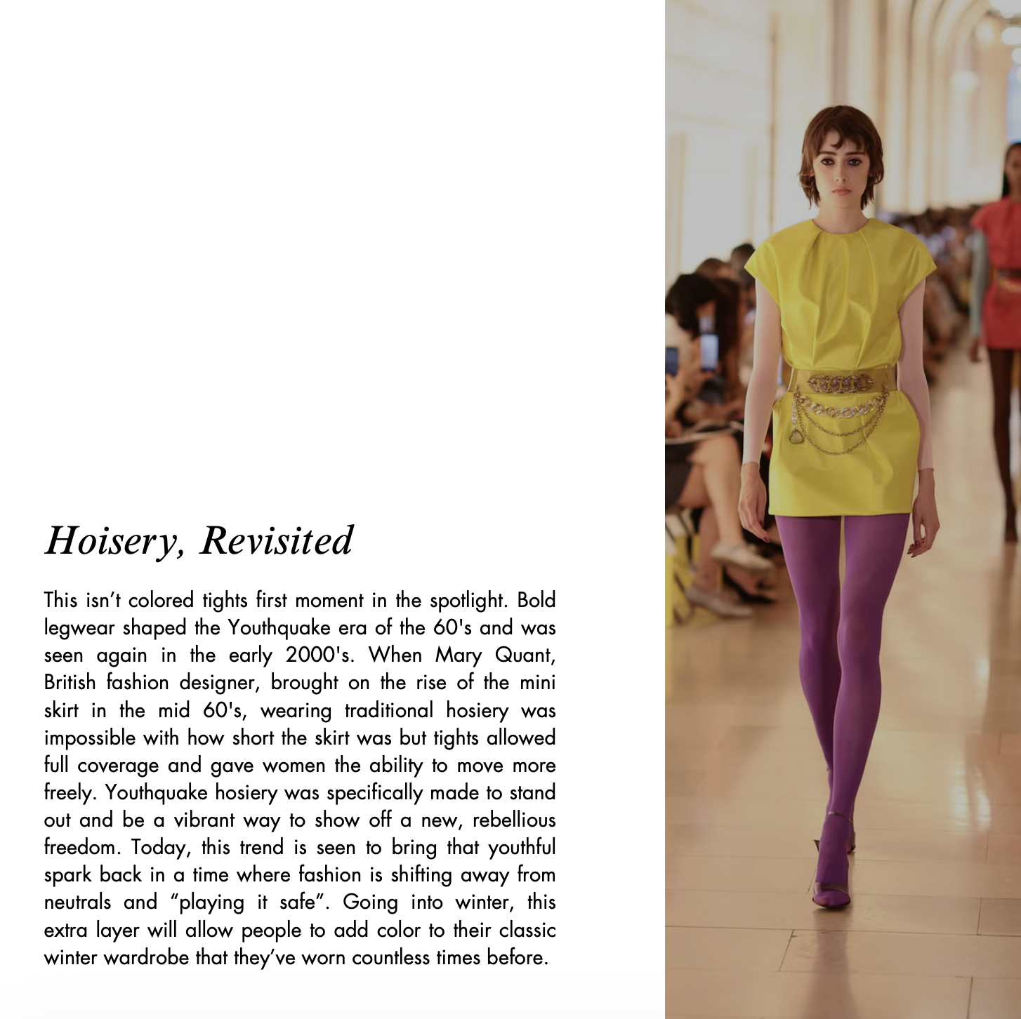 Fashion editorial page featuring a model in a yellow mini dress, layered chain belt, and vibrant purple tights walking a runway.