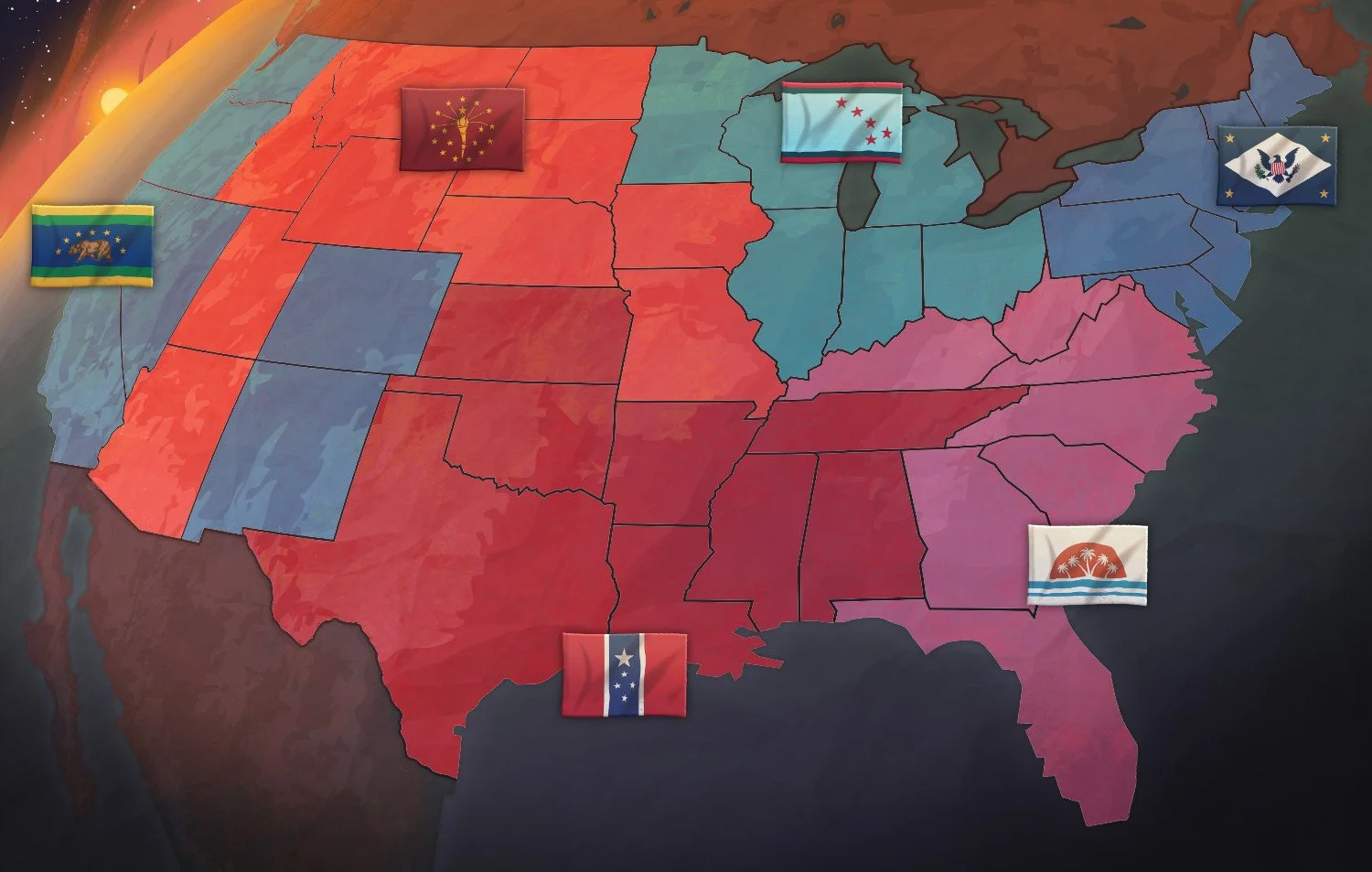Divided gameboard with faction starting points