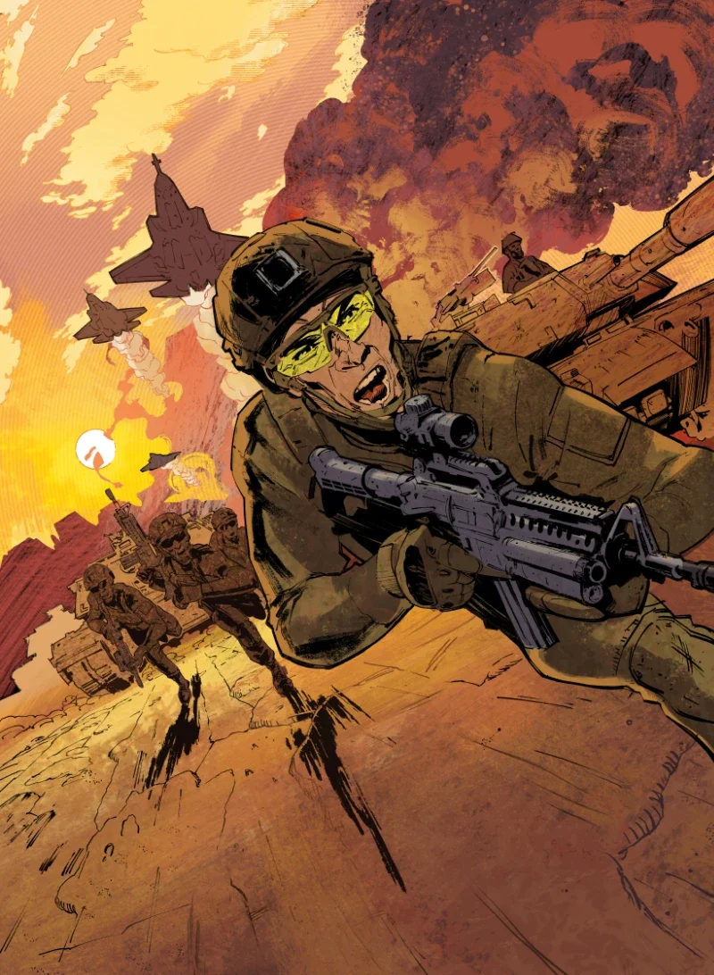 Illustration of soldiers in combat, a card art from Divided