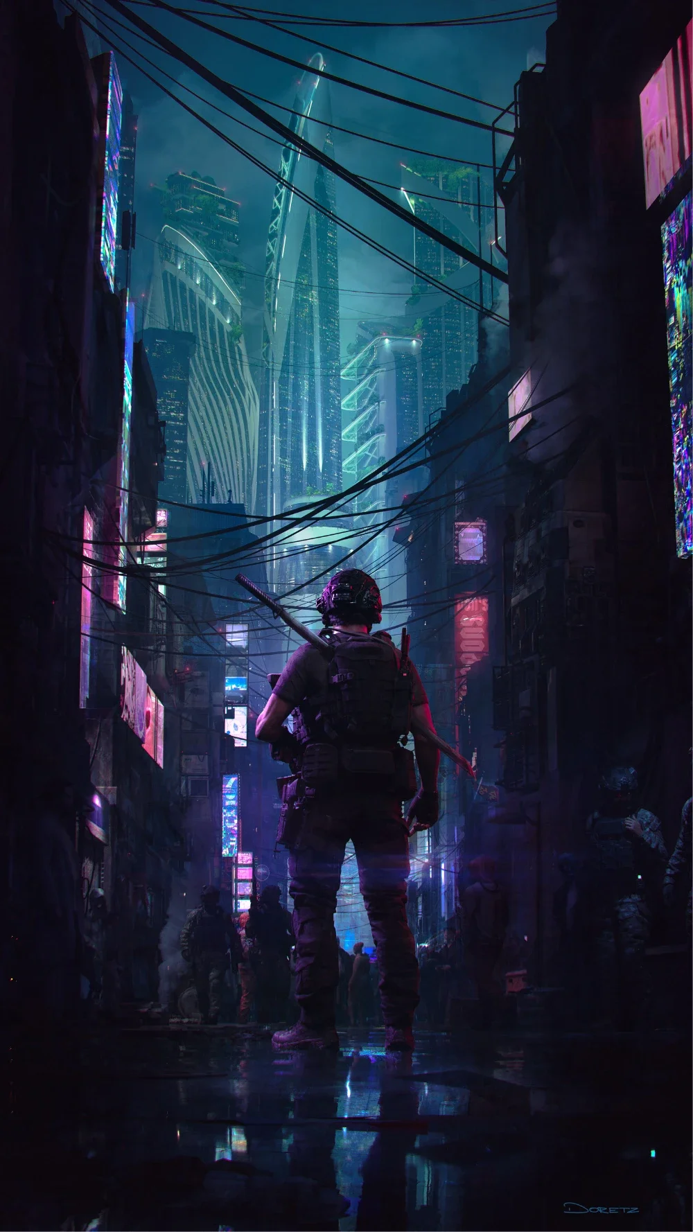 A soldier stands run down city scap with a futuristic city at night with tall neon-lit skyscrapers in the background. A tease of an upcoming game by fusion thoery.