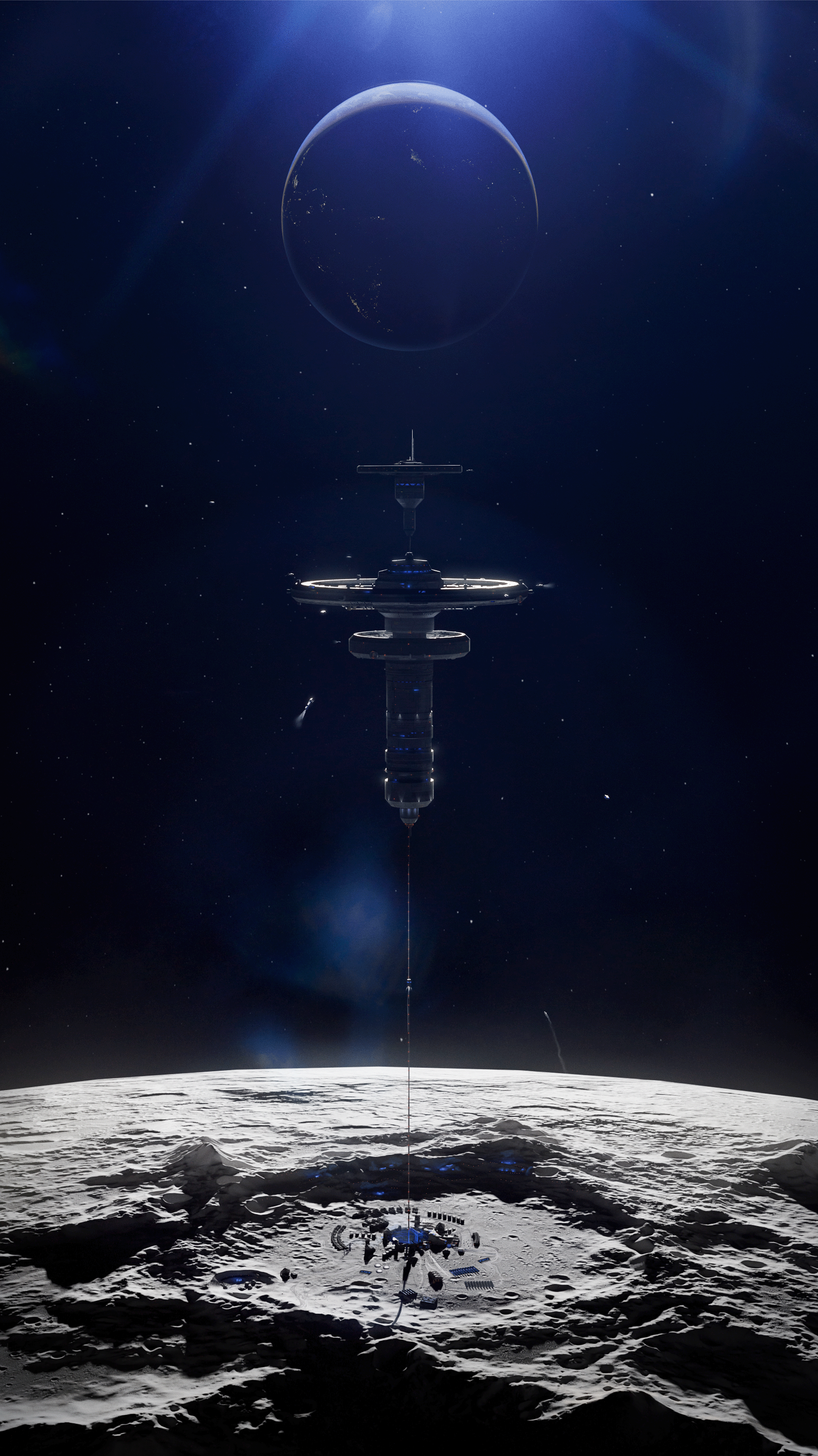 A space station orbiting the moon with earth in the background. A tease for an upcoming boardgame by Fusion Thoery