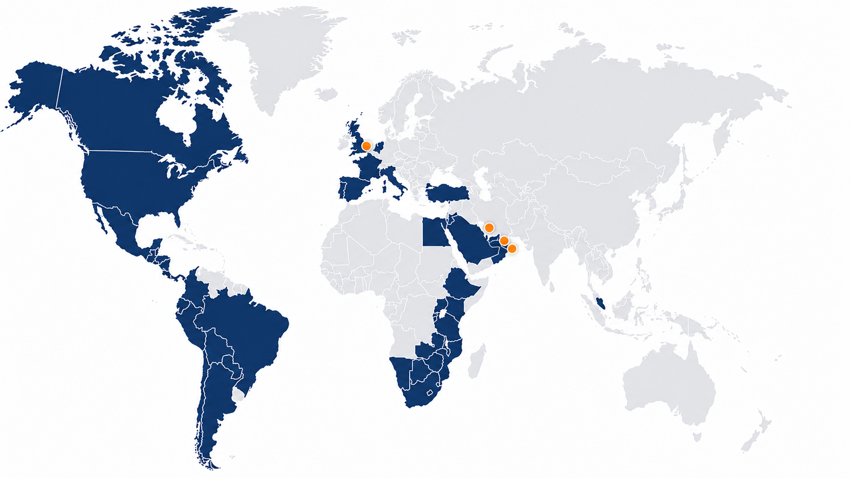 World map highlighting certain countries in dark blue and orange dots marking specific locations.
