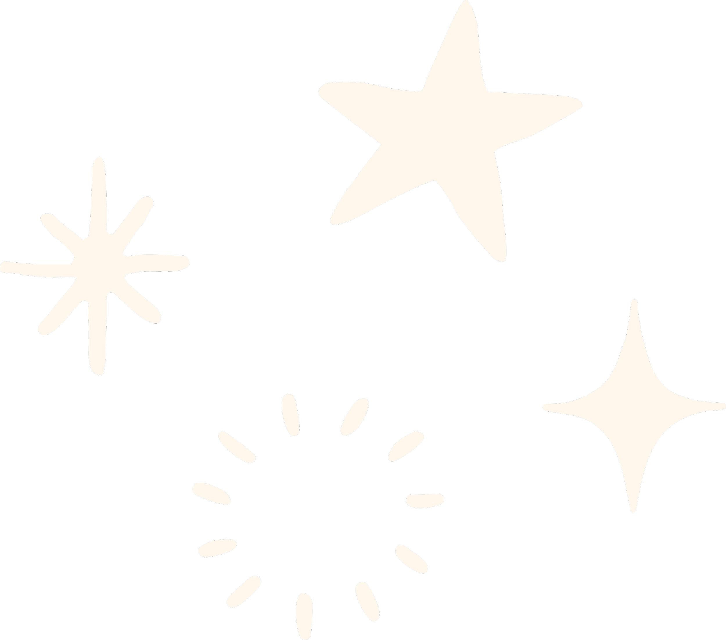 Four white star and sparkle shapes on a black background.