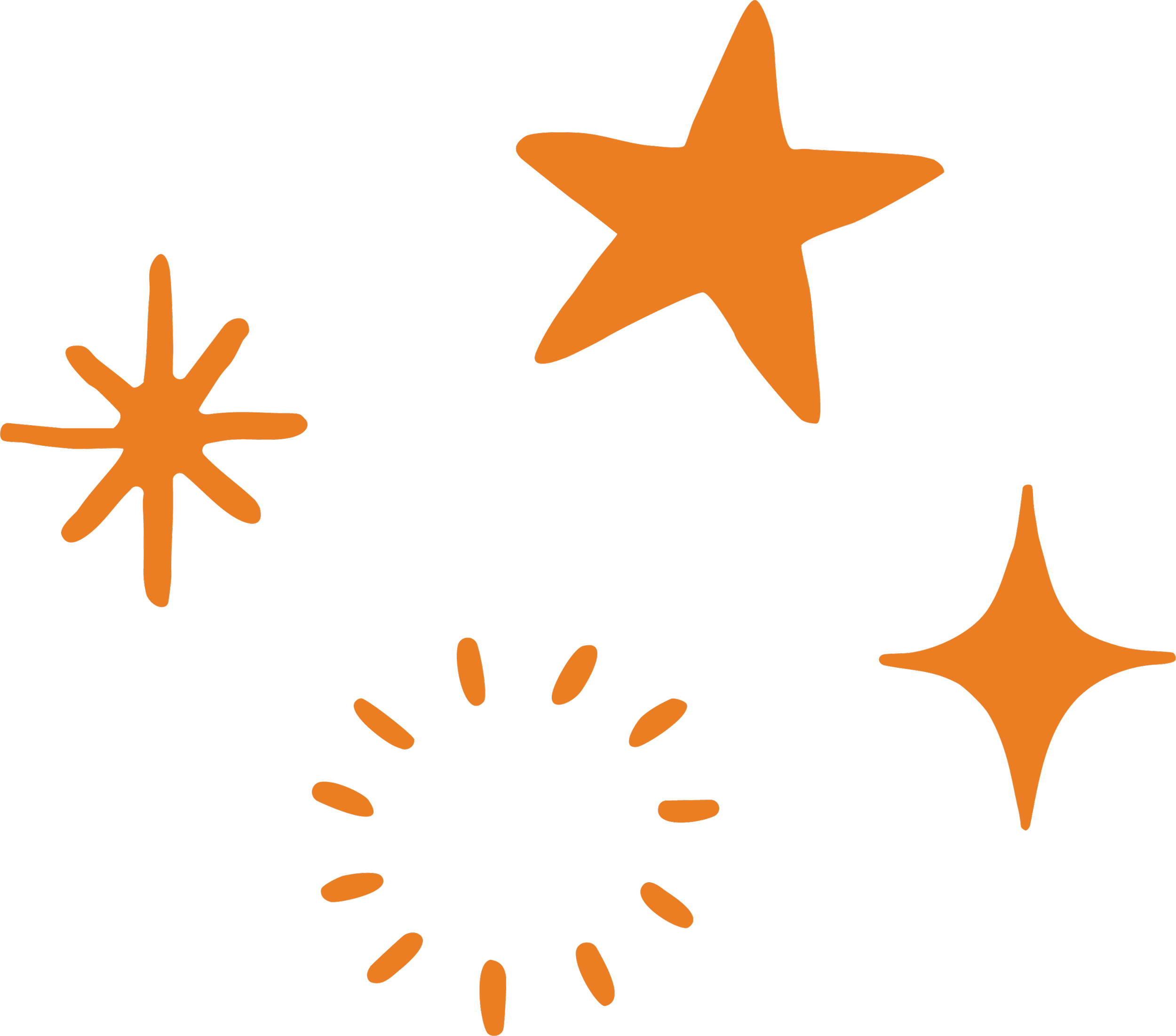 Decorative illustration of stars and sparkles in orange on a black background.