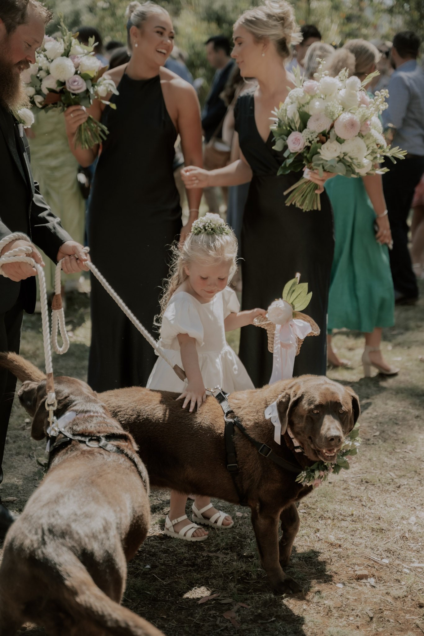 A young girl in a white dress petting a brown dog with a flower bouquet around its neck at a wedding reception, with women in black dresses and guests in the background.