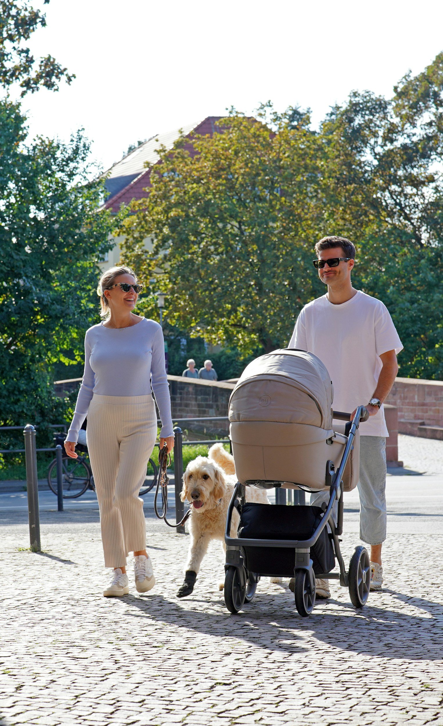 A couple walking outdoors with a dog and stroller, enjoying a sunny day in a park with trees and a building in the background.