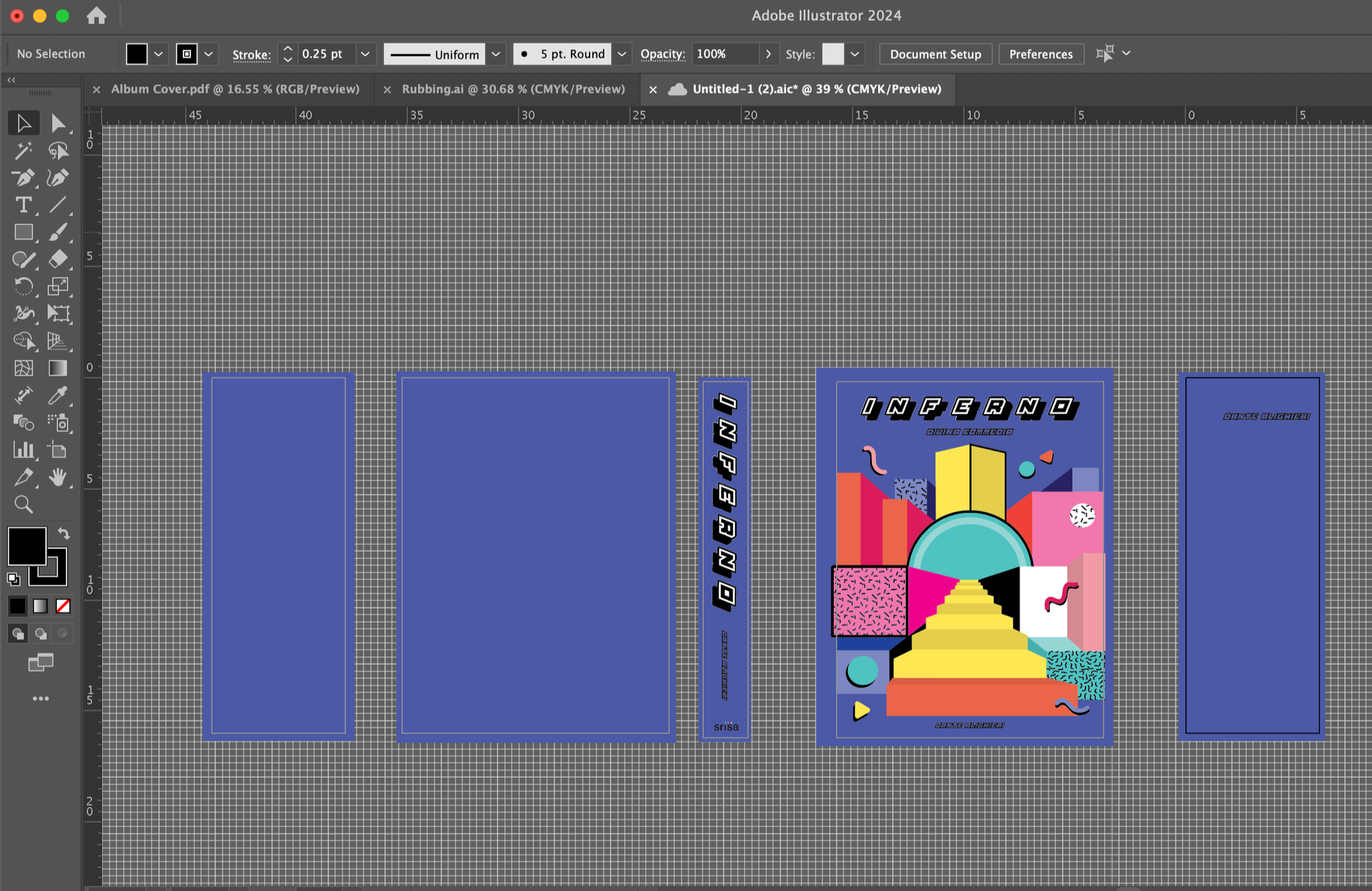 I began to build out my design. Splitting the cover up into 5 parts: the main cover, the spine, the back cover, and the book flaps.