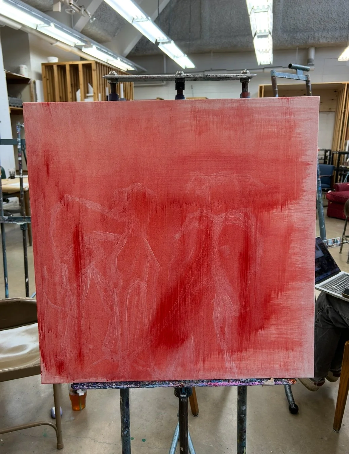 I used a red wash as the background. In hindsight, I would have done a light green wash instead because I found that it was very difficult to work off a red base when aiming for a bright lime green background.