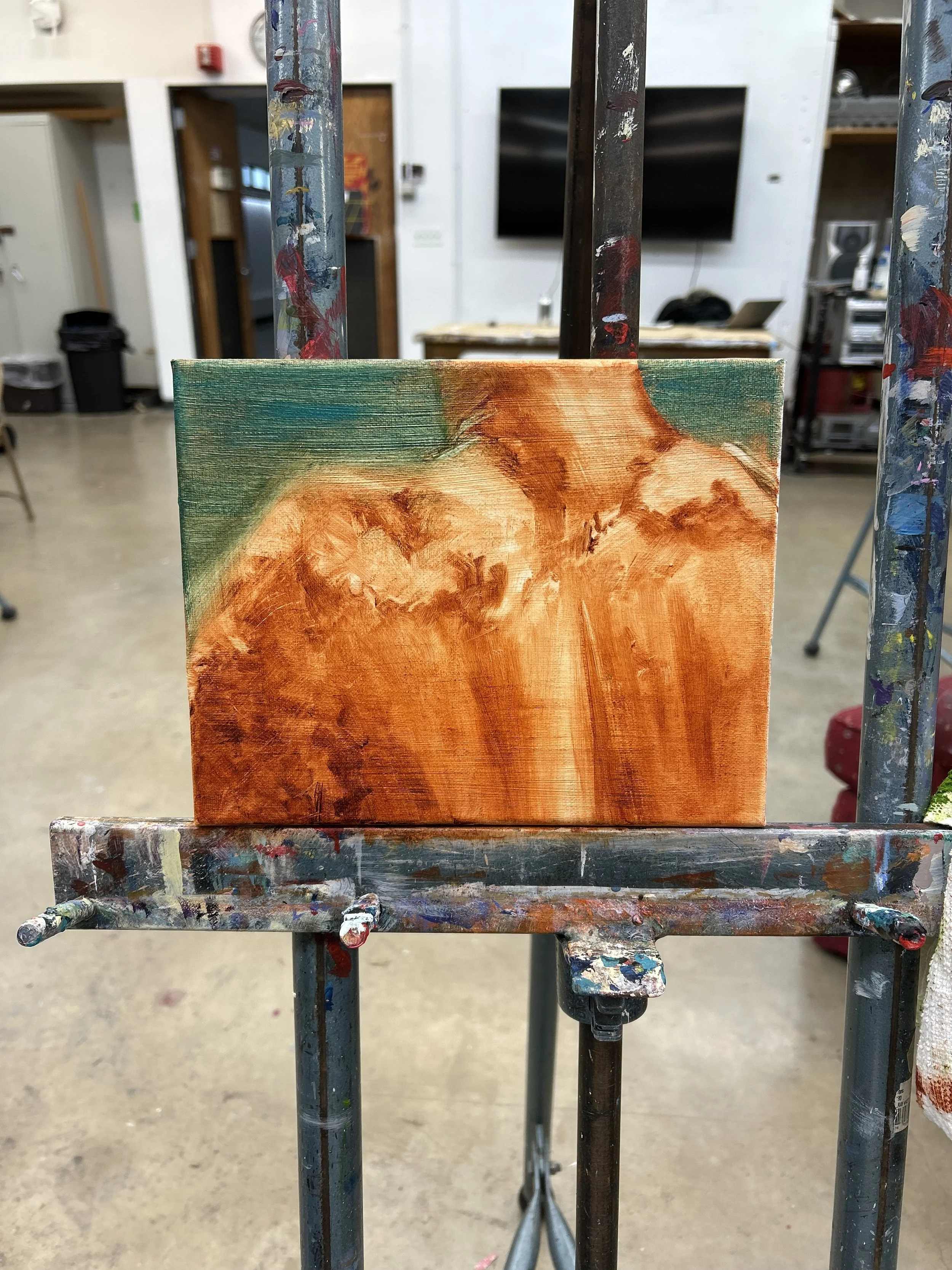 The next step was mapping out the highlights. I built the back from shading and the blue water surrounding it.