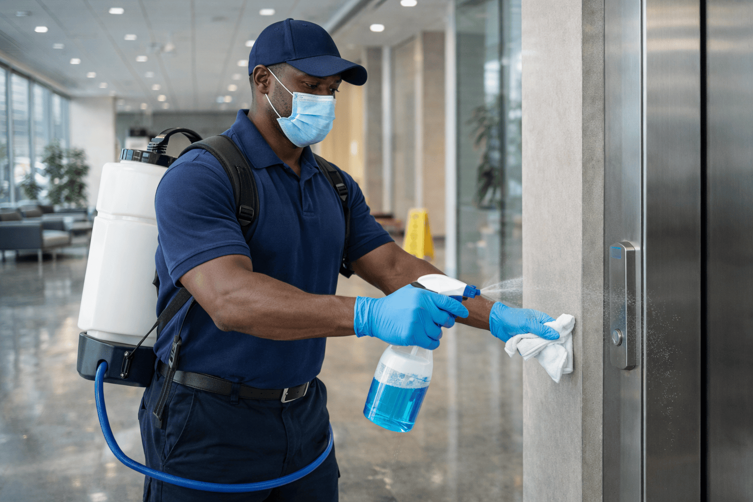 Homme faisant désinfection dans un bâtiment moderne avec masque, gants, sac à dos de désinfection, utilisant un spray de nettoyage et un chiffon pour désinfecter un ascenseur.