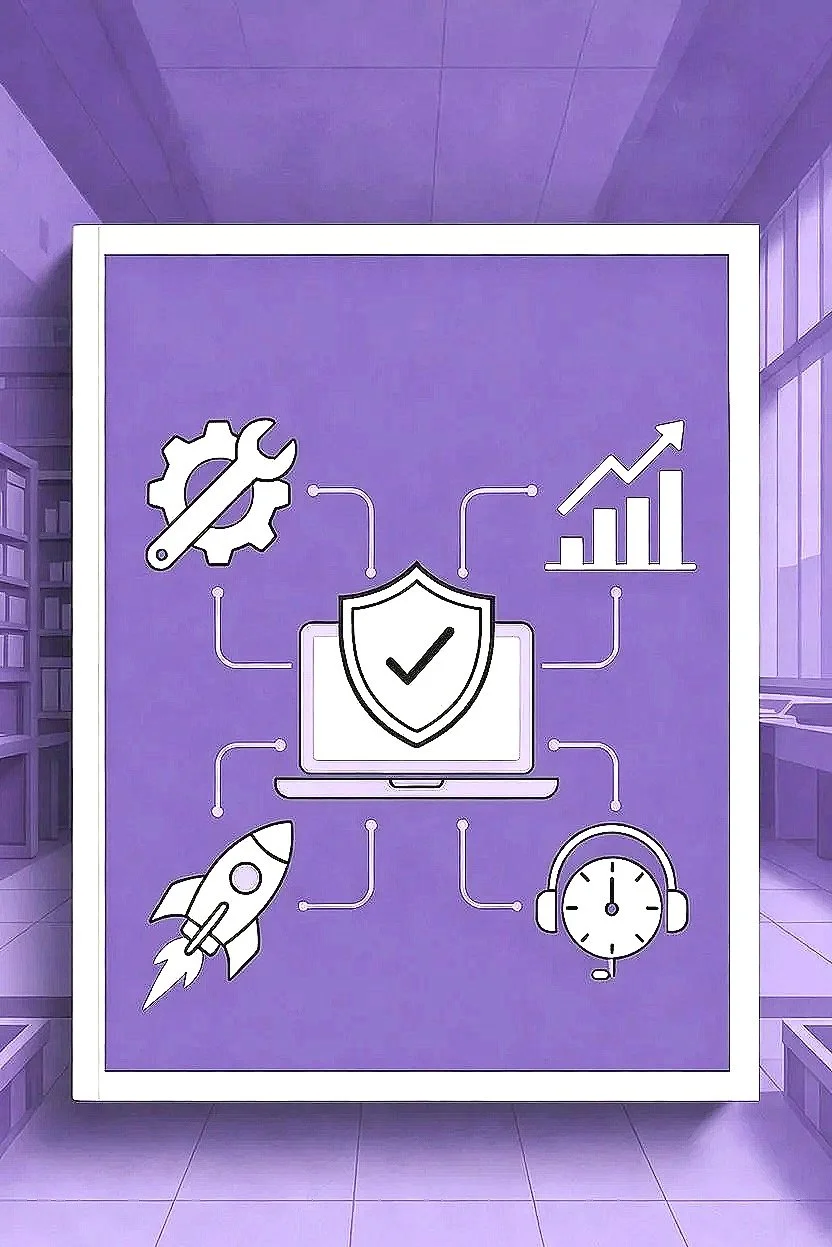 Illustrazione di un computer portatile con un scudo con una spunta, collegato a icone di ingranaggio, grafico di crescita, razzo, cuffie con microfono, e una linea di rete in sfondo, in tonalità di viola e bianco.