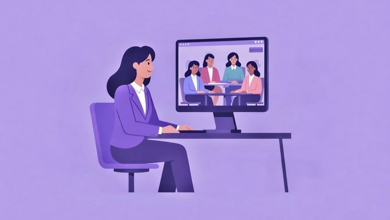 Una donna seduta a una scrivania durante una videoconferenza con cinque persone, tutte in ambienti di lavoro.