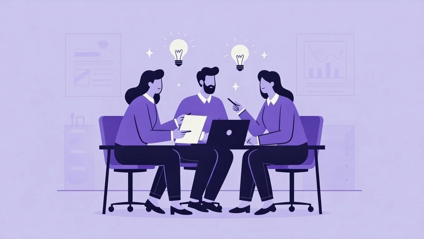 Tre persone sedute intorno a un tavolo di ufficio, che discutono e condividono idee, con due lampadine sopra le loro teste e grafici sullo sfondo.