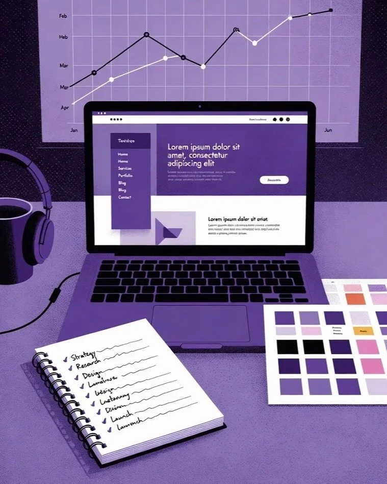 Grafico con linee che rappresentano dati mensili da gennaio a febbraio, su uno sfondo azzurro con una scrivania e un laptop, una tazza, cuffie e una palette di colori.